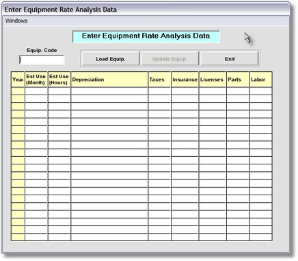 Equipment Rate Analysis Data Entry