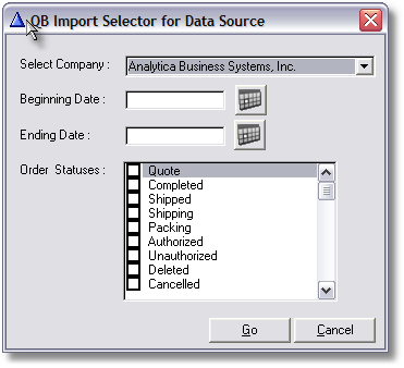 QB Import Selector in use with an ect site